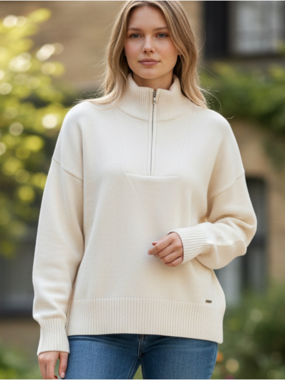 DKNY Cream Half-Zip Funnel Neck Sweater